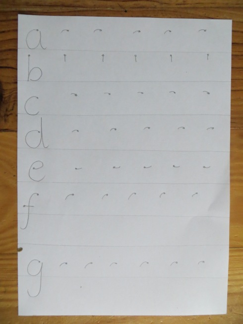 Handwriting sheet, the dot indicates where the letter starts.
